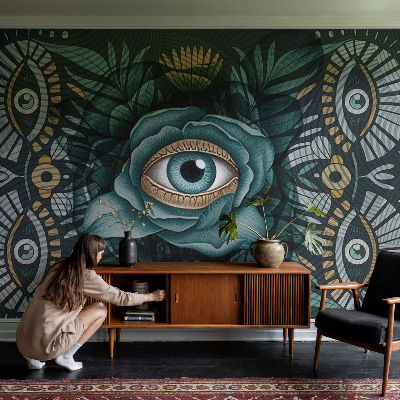 Sfeervol fotobehang met een bloemmotief met focus op het bloem-oog