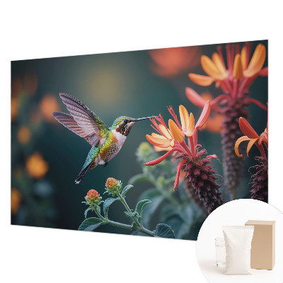 Fotobehang voor slaapkamer met een motief van kolibries en bloemen