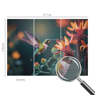 Fotobehang voor slaapkamer met een motief van kolibries en bloemen