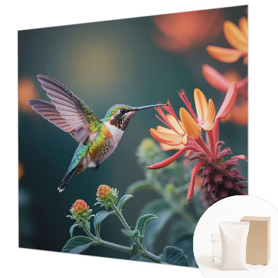 Fotobehang voor slaapkamer met een motief van kolibries en bloemen