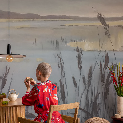 Fotobehang woonkamer met een rustig meer als motief