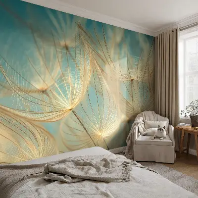 Fotobehang voor slaapkamer met een etherisch paardenbloemenmotief