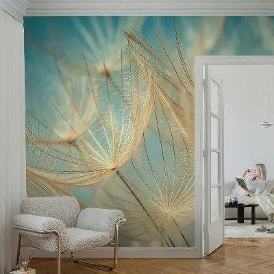 Fotobehang voor slaapkamer met een etherisch paardenbloemenmotief