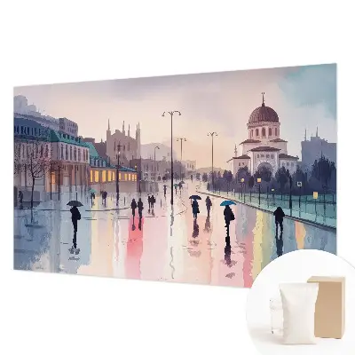 Fotobehang woonkamer met het motief 'Een regenachtige wandeling' voor een sfeervolle wanddecoratie