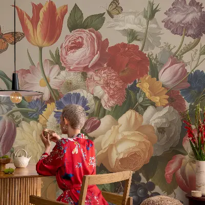 Foto behang op maat met bloemen- en vlindermotief