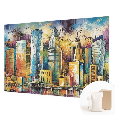 Fotobehang woonkamer met een stadspanorama