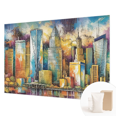 Fotobehang woonkamer met een stadspanorama