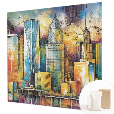 Fotobehang woonkamer met een stadspanorama