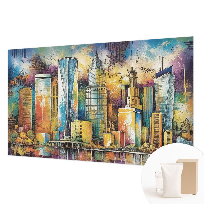 Fotobehang woonkamer met een stadspanorama