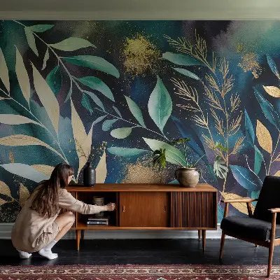 Fotobehang voor de slaapkamer met botanische bladeren als print