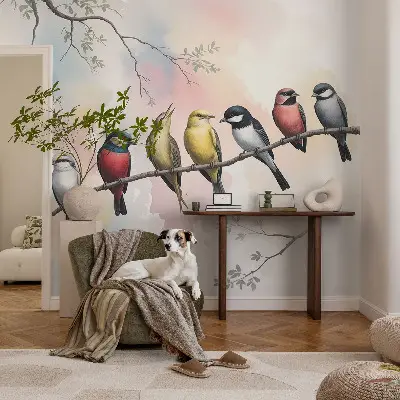 Fotobehang vliesbehang met afbeeldingen van vogels op een tak