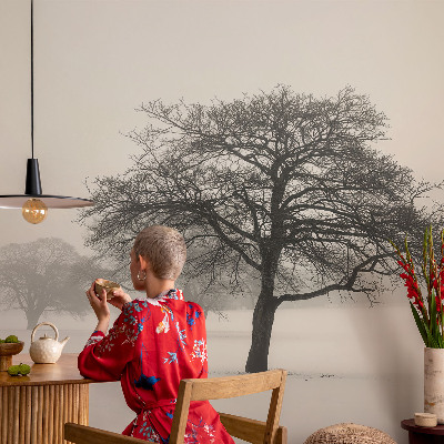 Vliesbehang fotobehang woonkamer met motief van winterbomen