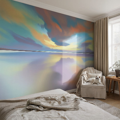 Muur behang met een motief van een regenboogzonsondergang