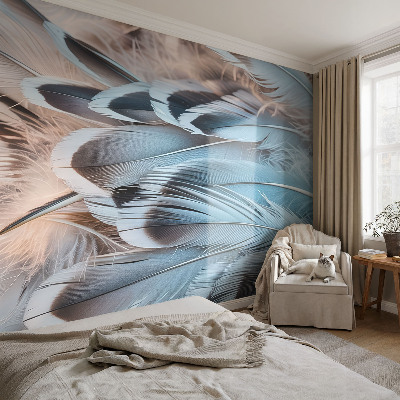 Fotobehang voor de woonkamer met een patroon van blauwe veren