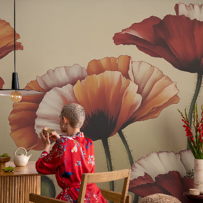Modern fotobehang voor de woonkamer met vrolijke klaprozen als motief