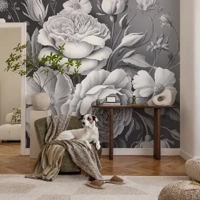 Luxe fotobehang met grijze bloemen als motief
