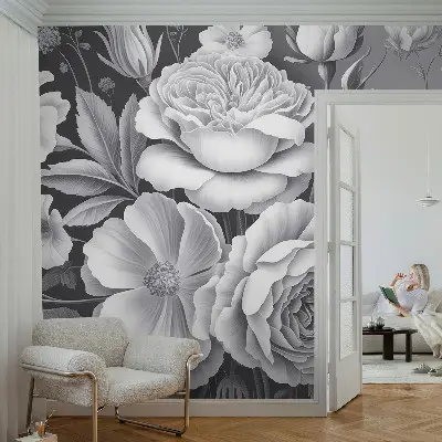 Luxe fotobehang met grijze bloemen als motief