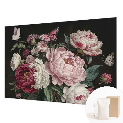 Luxe fotobehang met pioenrozen en vlinders