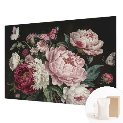 Luxe fotobehang Pioenrozen en vlinders