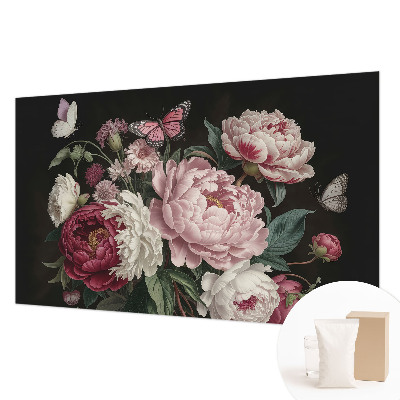 Luxe fotobehang met pioenrozen en vlinders