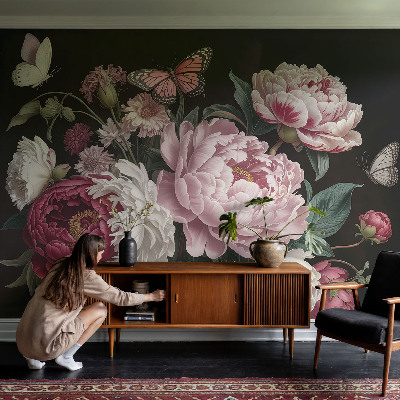 Luxe fotobehang met pioenrozen en vlinders