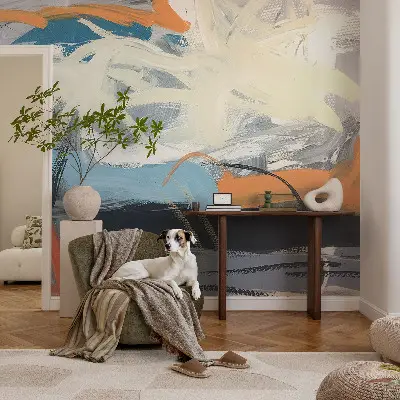 Vliesbehang fotobehang woonkamer met een kleurrijke abstracte print