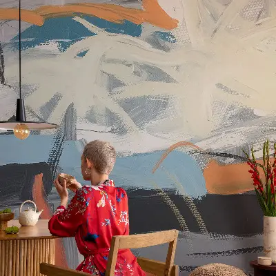 Vliesbehang fotobehang woonkamer met een kleurrijke abstracte print