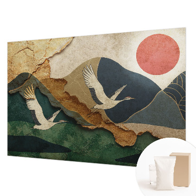 Fotobehang slaapkamer met een print van kraanvogels uit het Oosten