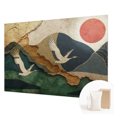 Fotobehang slaapkamer met een print van kraanvogels uit het Oosten