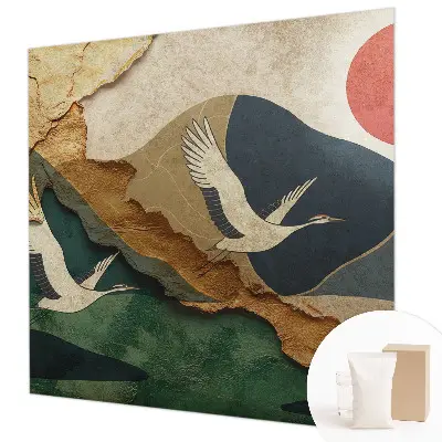 Fotobehang slaapkamer met een print van kraanvogels uit het Oosten