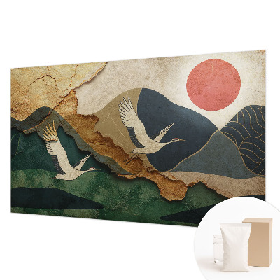 Fotobehang slaapkamer met een print van kraanvogels uit het Oosten
