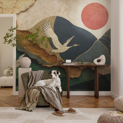 Fotobehang slaapkamer met een print van kraanvogels uit het Oosten