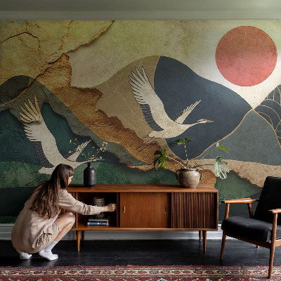 Fotobehang slaapkamer met een print van kraanvogels uit het Oosten