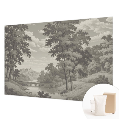 Vliesbehang fotobehang woonkamer met een kasteel en brug als print