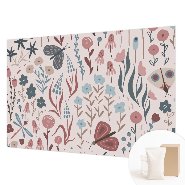 Muur behang met bloemen- en insectenmotief