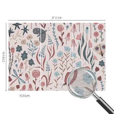 Muur behang met bloemen- en insectenmotief