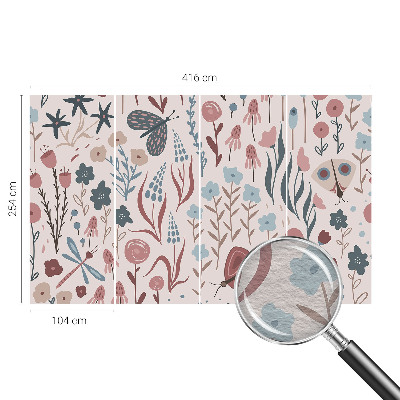 Muur behang met bloemen- en insectenmotief