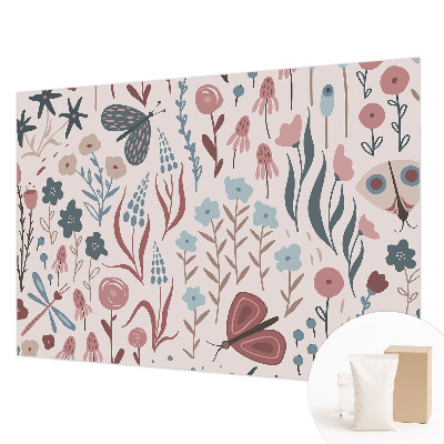 Muur behang met bloemen- en insectenmotief
