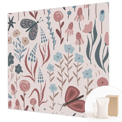 Muur behang met bloemen- en insectenmotief