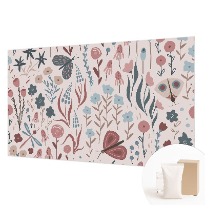 Muur behang met bloemen- en insectenmotief