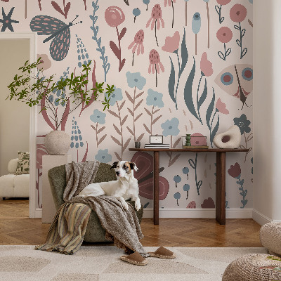 Muur behang met bloemen- en insectenmotief