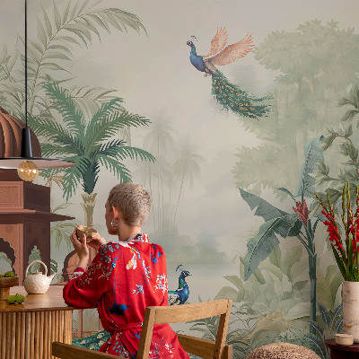 Naadloos fotobehang met het ontwerp 'Pauwentuinen'
