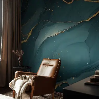 Fotobehang voor de slaapkamer met een donkerblauwe abstracte print