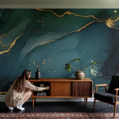 Fotobehang voor de slaapkamer met een donkerblauwe abstracte print
