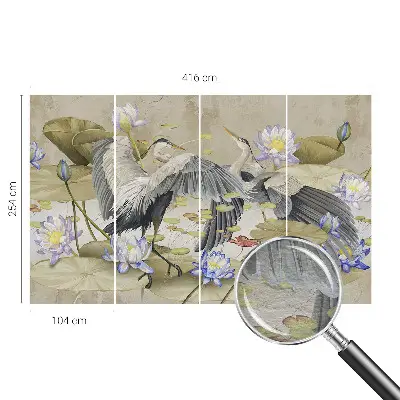Groot fotobehang met een dessin van vogels en lelies