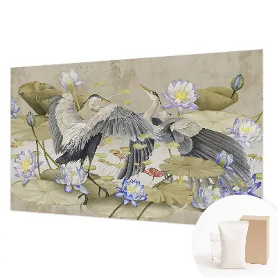 Groot fotobehang met een dessin van vogels en lelies