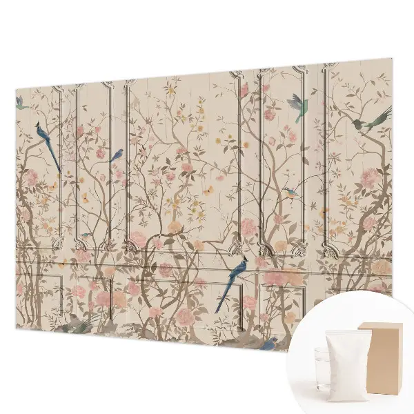 Fotobehang vlies met een dessin van vogels en bloemen