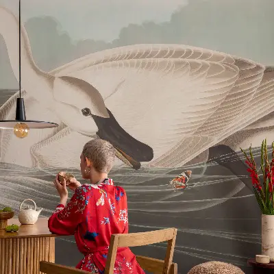 Fotobehang slaapkamer met een rustige natuurrijke print die een harmonieuze sfeer creëert
