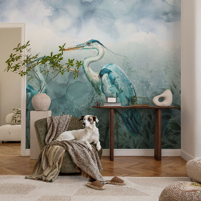 Fotobehang slaapkamer met een patroon van vogels in natuurlijke kleuren