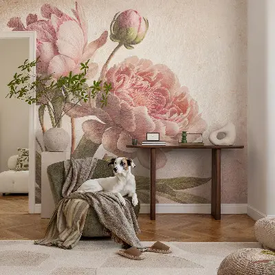 Vliesbehang fotobehang woonkamer met delicate pioenrozen als print